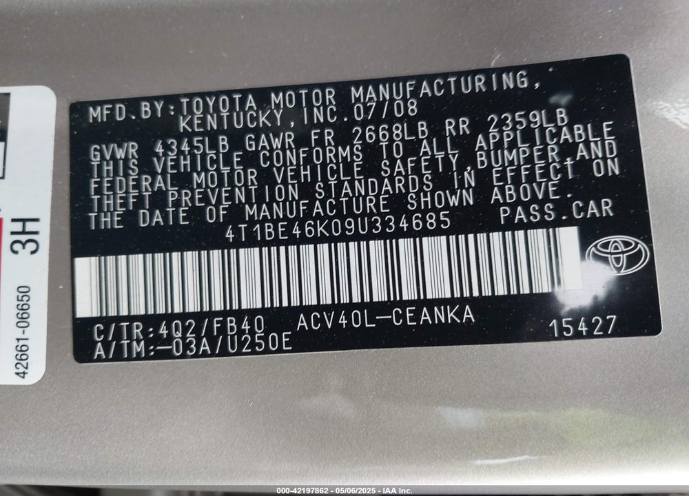 2009 TOYOTA CAMRY VIN: 4T1BE46K09U334685
