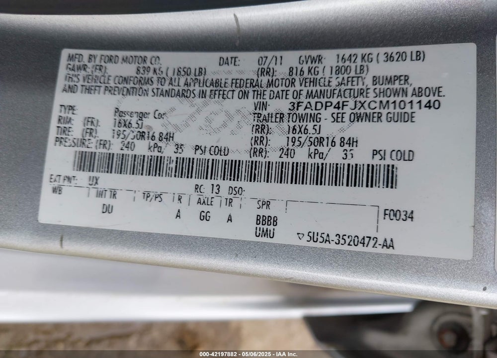 2012 FORD FIESTA SES VIN: 3FADP4FJXCM101140