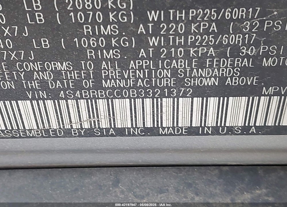 2011 SUBARU OUTBACK VIN: 4S4BRBCC0B3321372
