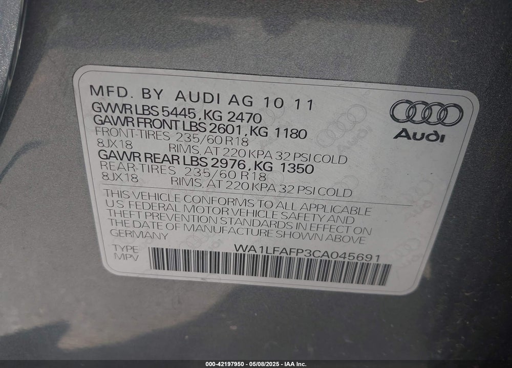 2012 AUDI Q5 VIN: WA1LFAFP3CA045691