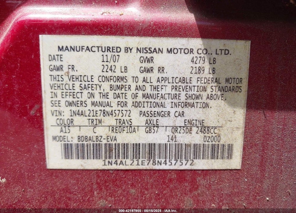 2008 NISSAN ALTIMA VIN: 1N4AL21E78N457572