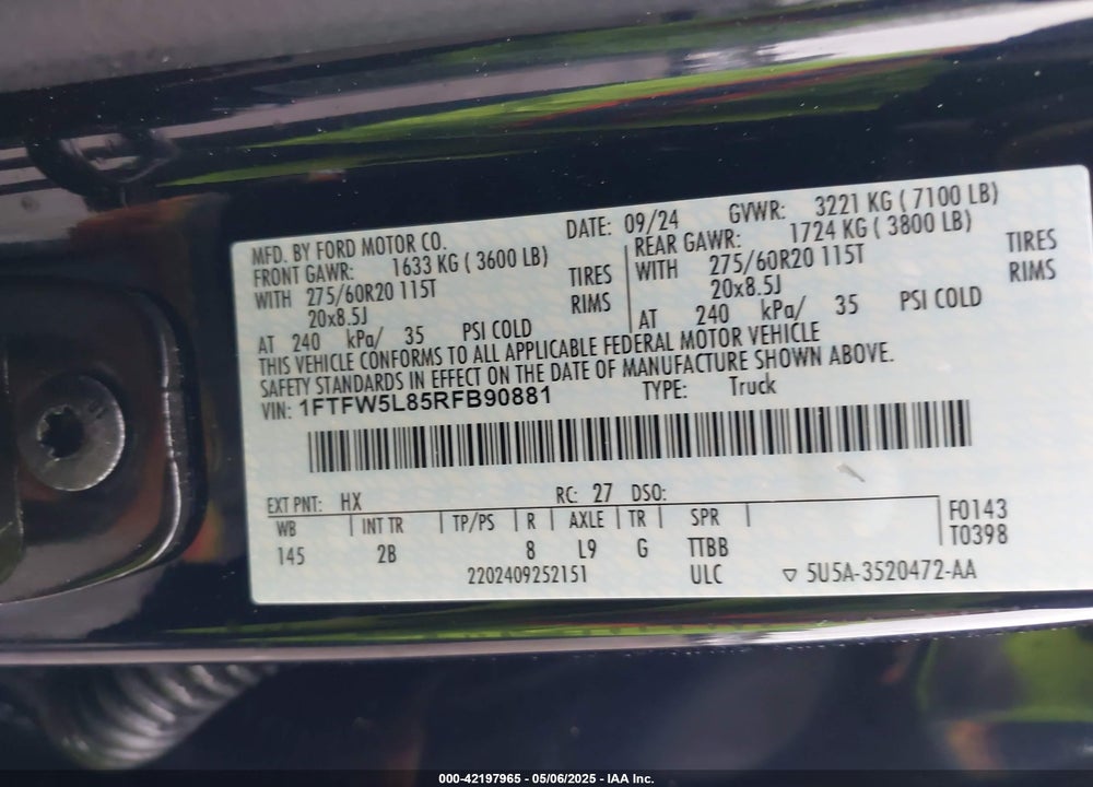 2024 FORD F-150 LARIAT VIN: 1FTFW5L85RFB90881