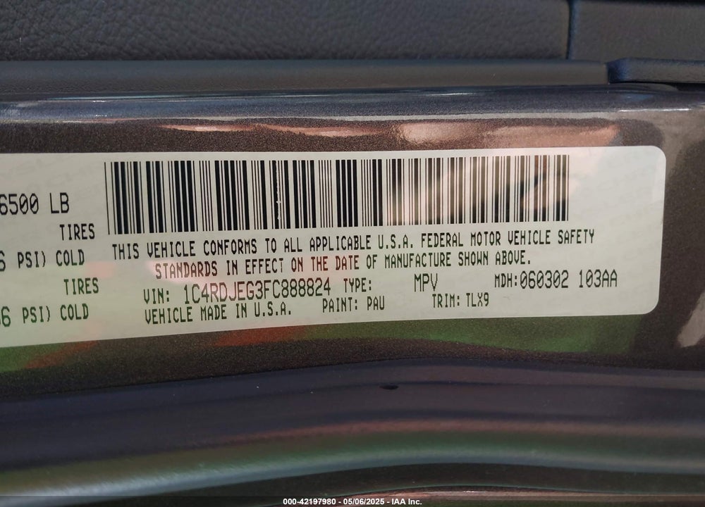 2015 DODGE DURANGO VIN: 1C4RDJEG3FC888824