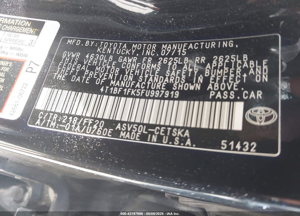 2015 TOYOTA CAMRY VIN: 4T1BF1FK5FU997919
