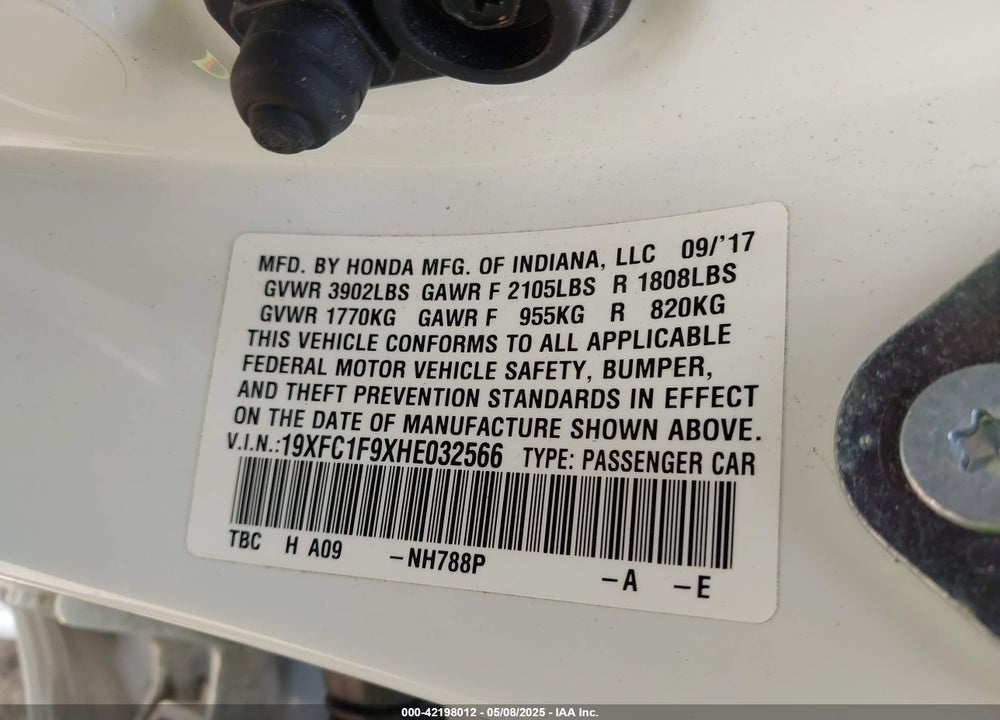 2017 HONDA CIVIC TOURING VIN: 19XFC1F9XHE032566