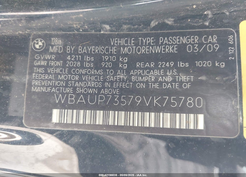 2009 BMW 128I VIN: WBAUP73579VK75780