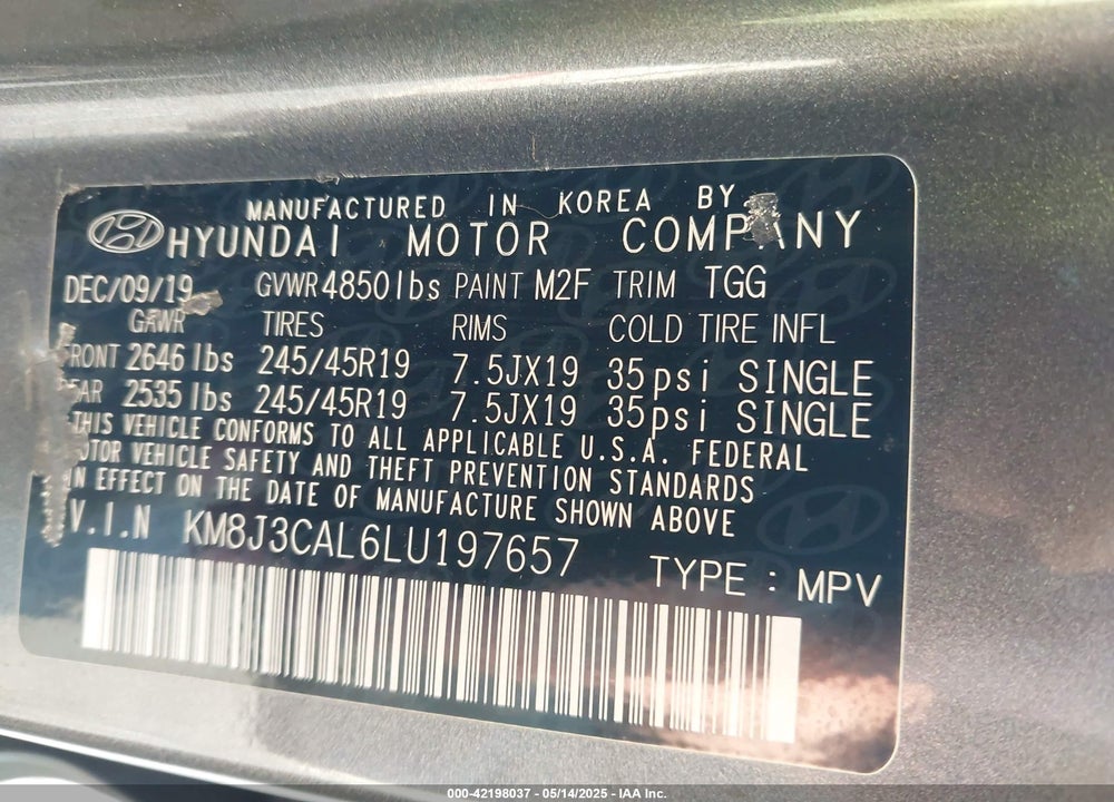 2020 HYUNDAI TUCSON VIN: KM8J3CAL6LU197657