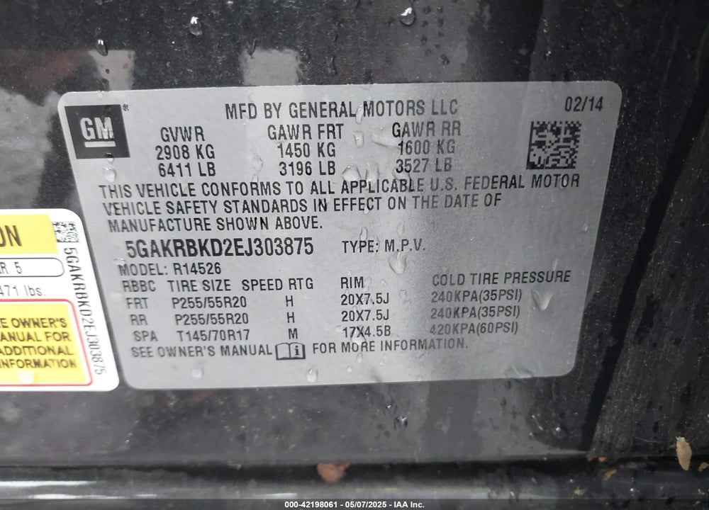 2014 BUICK ENCLAVE LEATHER VIN: 5GAKRBKD2EJ303875