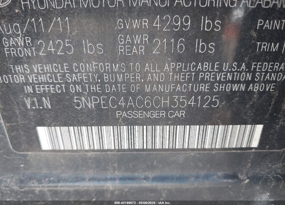 2012 HYUNDAI SONATA VIN: 5NPEC4AC6CH354125