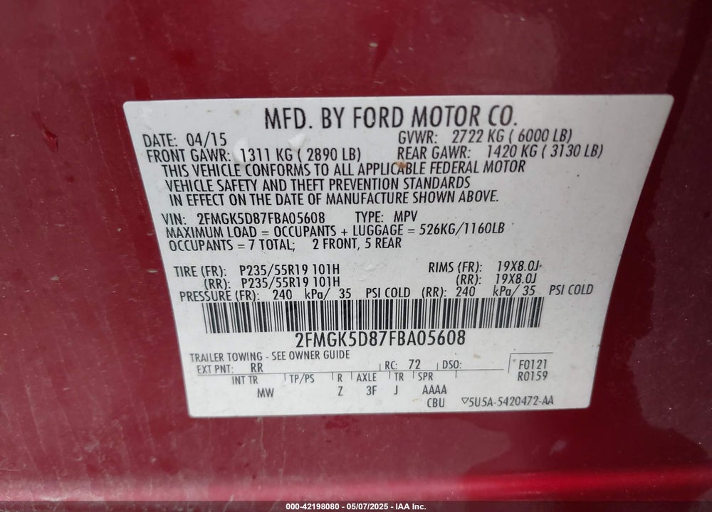 2015 FORD FLEX VIN: 2FMGK5D87FBA05608