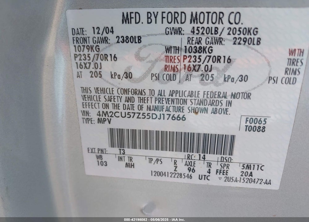 2005 MERCURY MARINER CONVENIENCE VIN: 4M2CU57Z55DJ17666