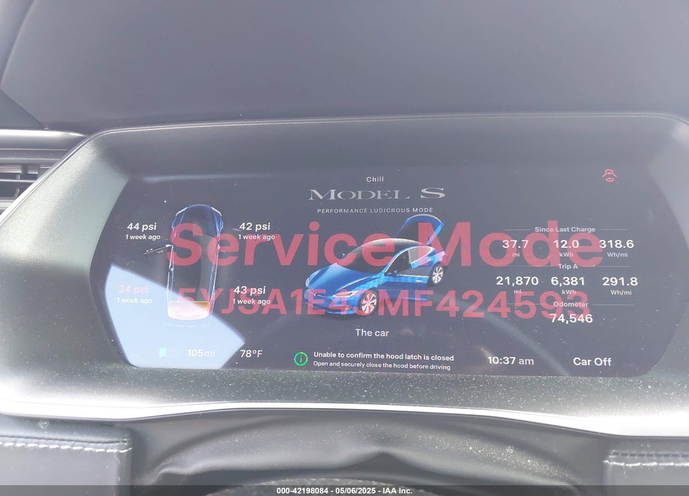 2021 TESLA MODEL S PERFORMANCE DUAL MOTOR ALL-WHEEL DRIVE VIN: 5YJSA1E43MF424593