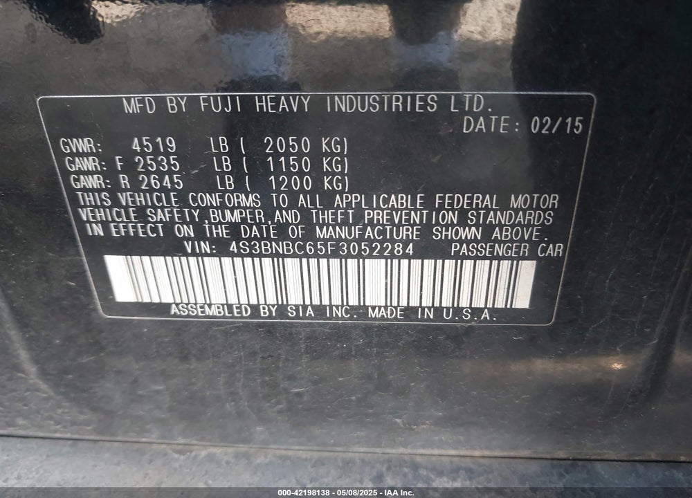 2015 SUBARU LEGACY 2.5I PREMIUM VIN: 4S3BNBC65F3052284