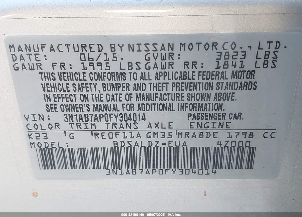 2015 NISSAN SENTRA VIN: 3N1AB7AP0FY304014