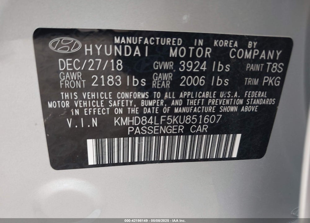 2019 HYUNDAI ELANTRA VIN: KMHD84LF5KU851607