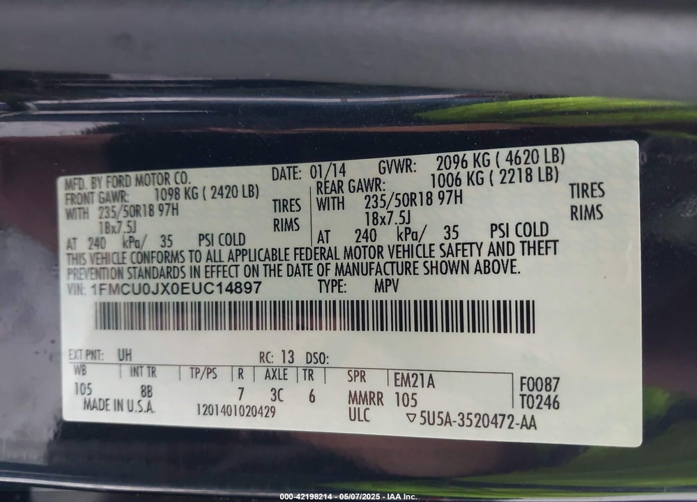 2014 FORD ESCAPE TITANIUM VIN: 1FMCU0JX0EUC14897