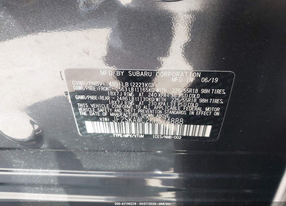 2019 SUBARU FORESTER TOURING VIN: JF2SKAWC2KH574888