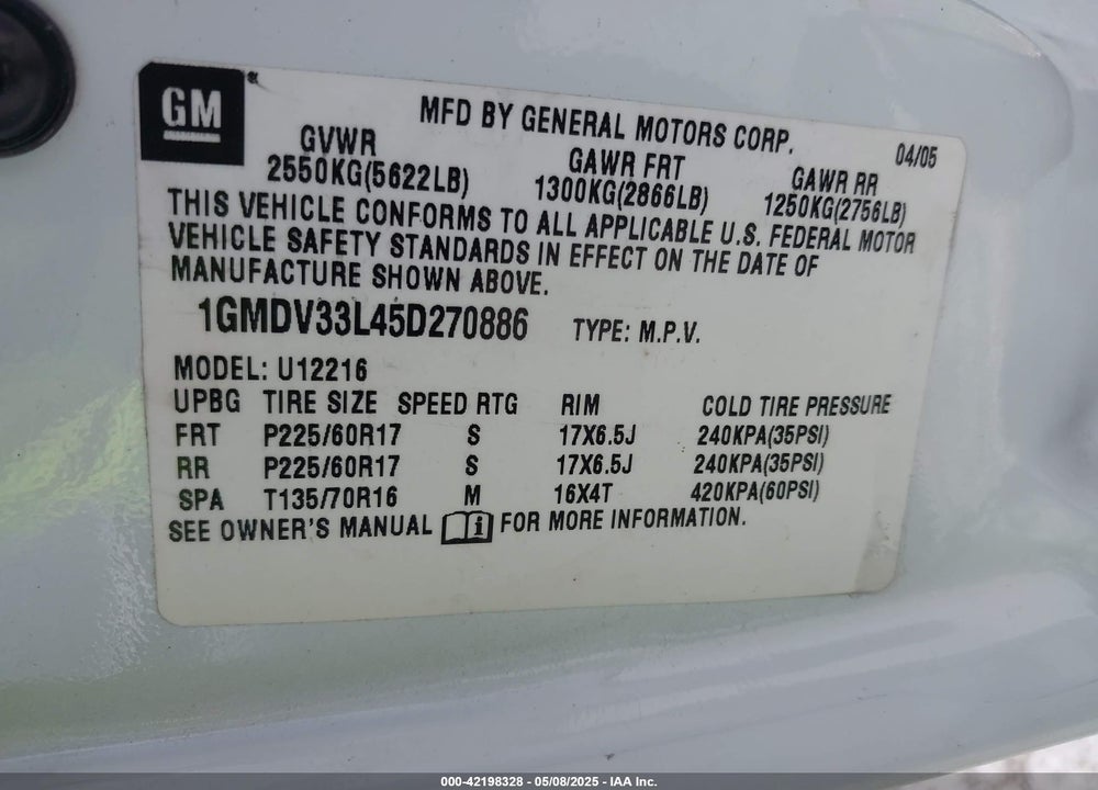 2005 PONTIAC MONTANA SV6 FWD VIN: 1GMDV33L45D270886