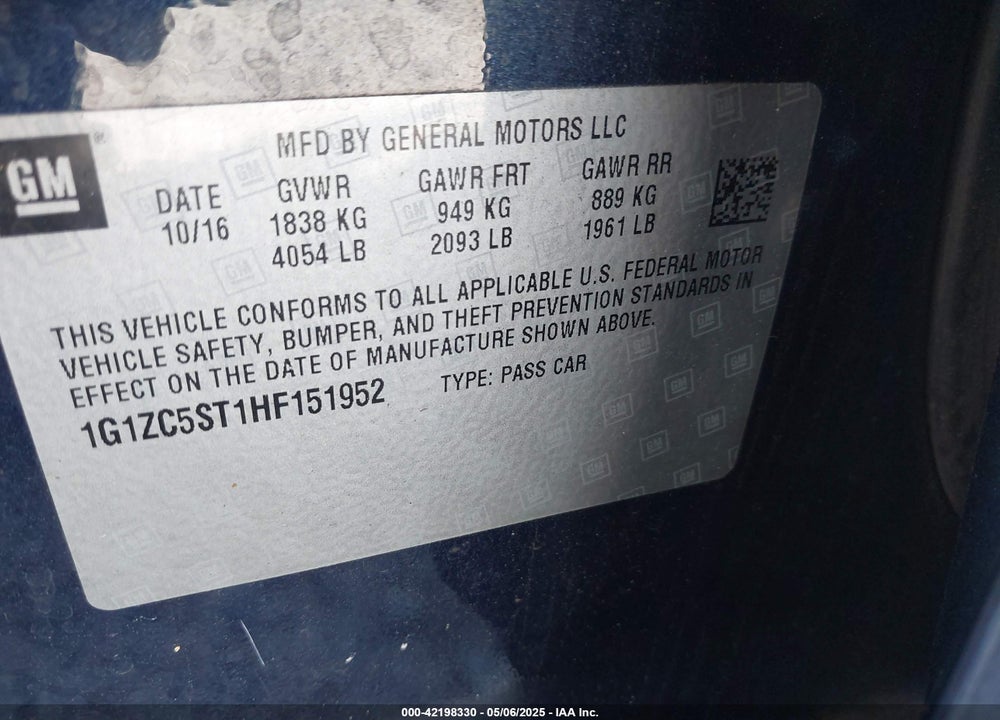 2017 CHEVROLET MALIBU VIN: 1G1ZC5ST1HF151952