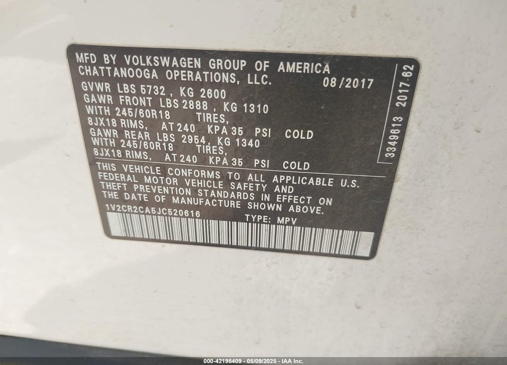 2018 VOLKSWAGEN ATLAS 3.6L V6 SE VIN: 1V2CR2CA5JC520616