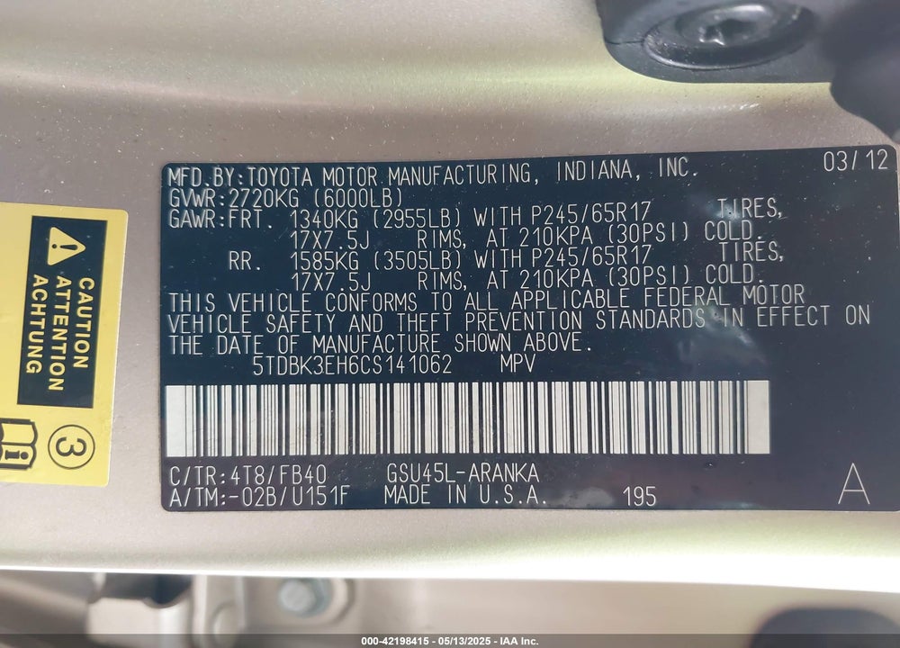 2012 TOYOTA HIGHLANDER VIN: 5TDBK3EH6CS141062