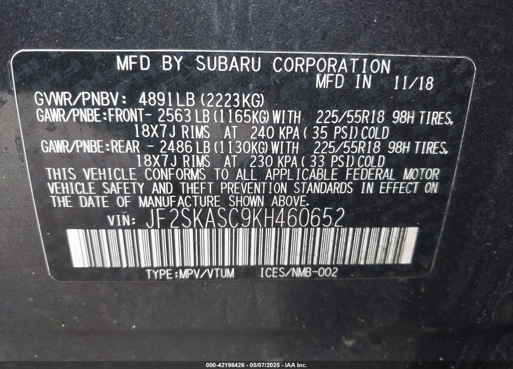 2019 SUBARU FORESTER VIN: JF2SKASC9KH460652