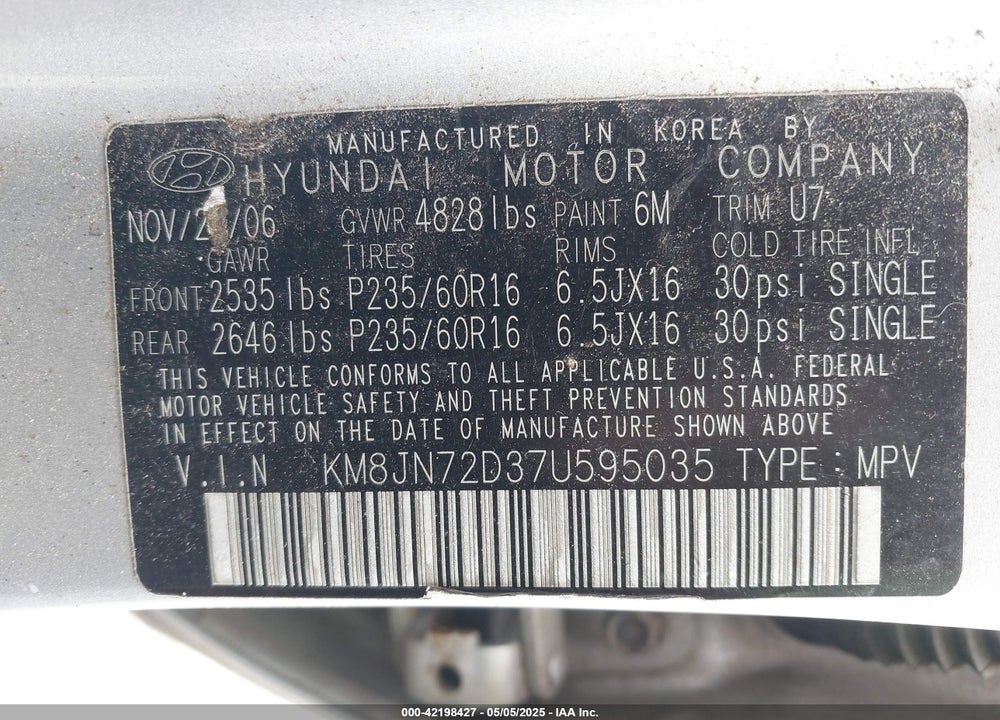 2007 HYUNDAI TUCSON VIN: KM8JN72D37U595035