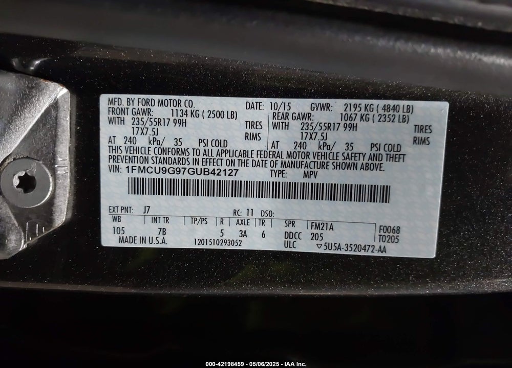 2016 FORD ESCAPE SE VIN: 1FMCU9G97GUB42127
