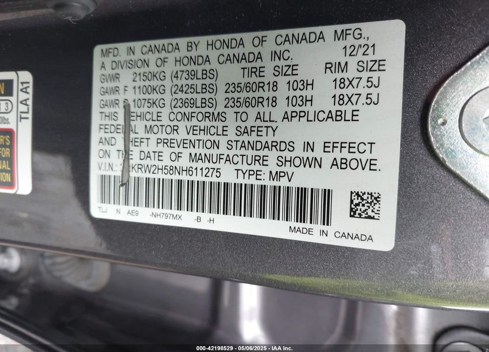 2022 HONDA CR-V AWD EX VIN: 2HKRW2H58NH611275