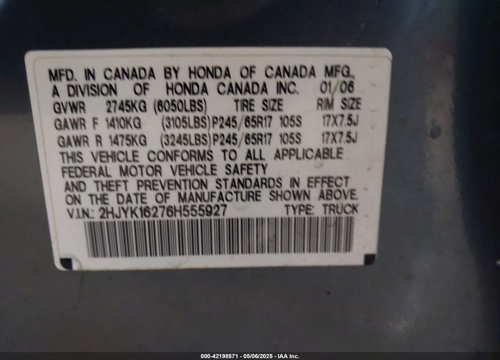 2006 HONDA RIDGELINE VIN: 2HJYK16276H555927