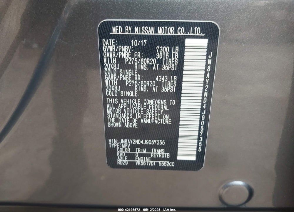 2018 NISSAN ARMADA VIN: JN8AY2ND4J9057355