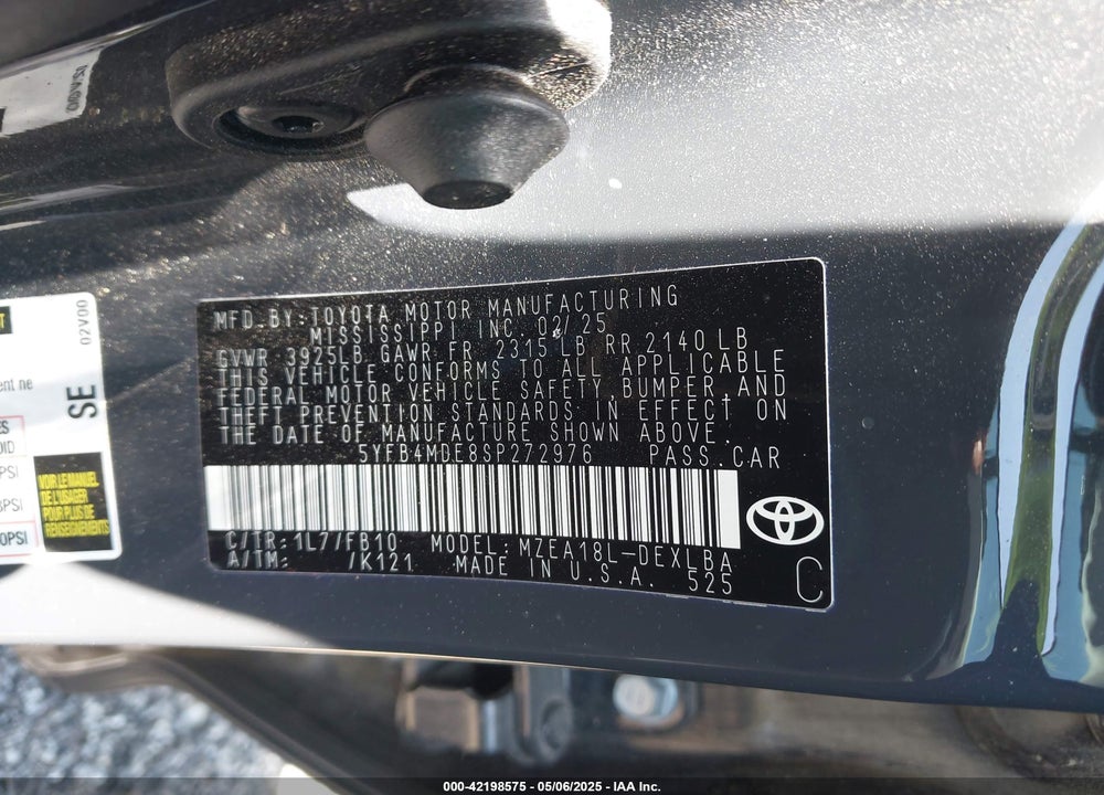 2025 TOYOTA COROLLA VIN: 5YFB4MDE8SP272976
