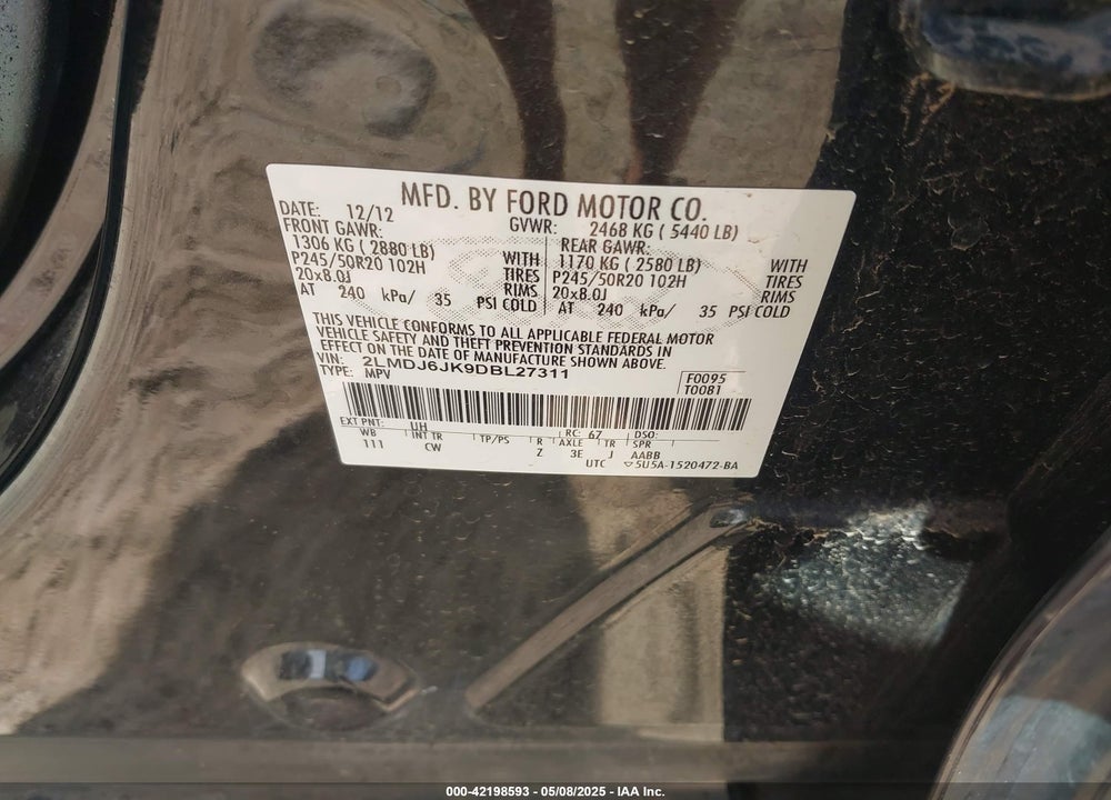2013 LINCOLN MKX VIN: 2LMDJ6JK9DBL27311
