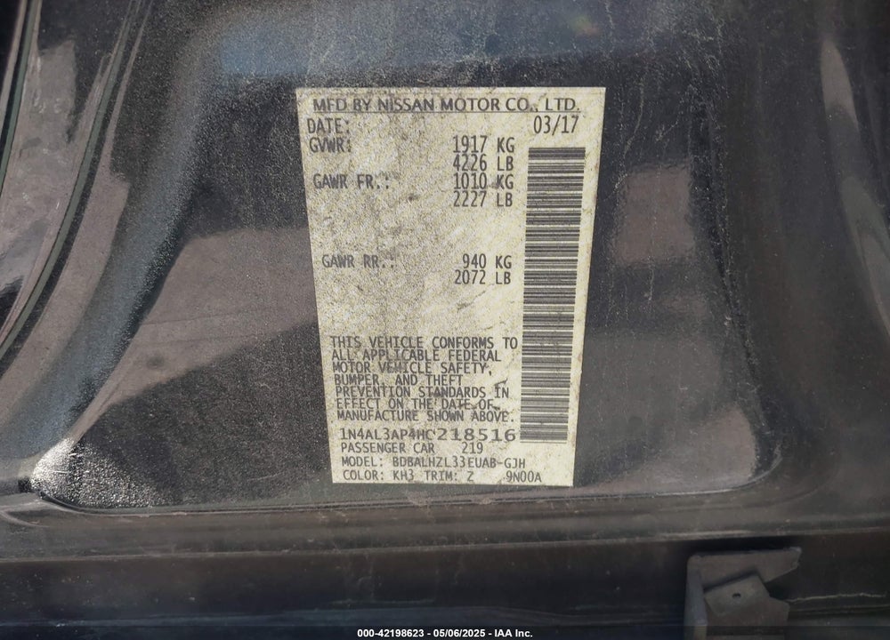 2017 NISSAN ALTIMA VIN: 1N4AL3AP4HC218516
