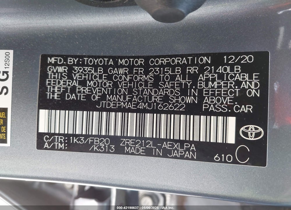 2021 TOYOTA COROLLA VIN: JTDEPMAE4MJ162622