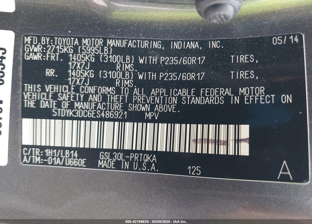 2014 TOYOTA SIENNA XLE V6 8 PASSENGER VIN: 5TDYK3DC6ES486921