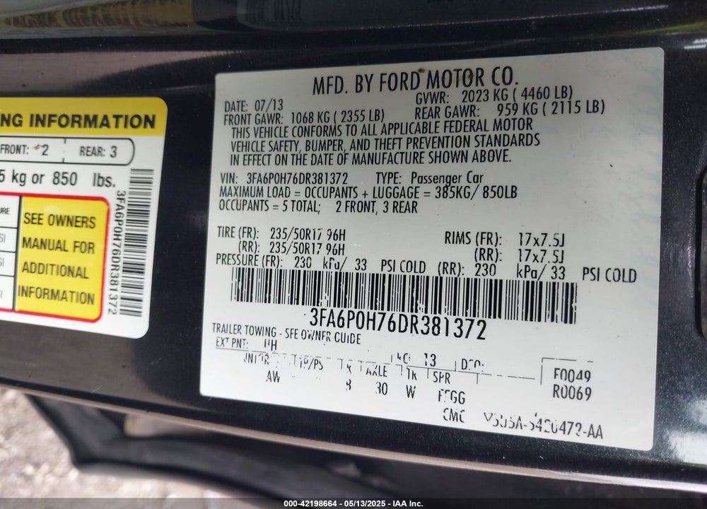 2013 FORD FUSION VIN: 3FA6P0H76DR381372