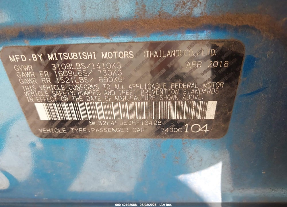 2018 MITSUBISHI MIRAGE G4 VIN: ML32F4FJ5JHF13428