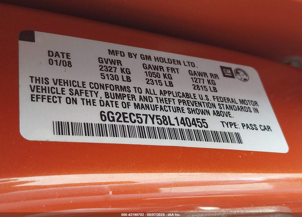 2008 PONTIAC G8 VIN: 6G2EC57Y58L140455