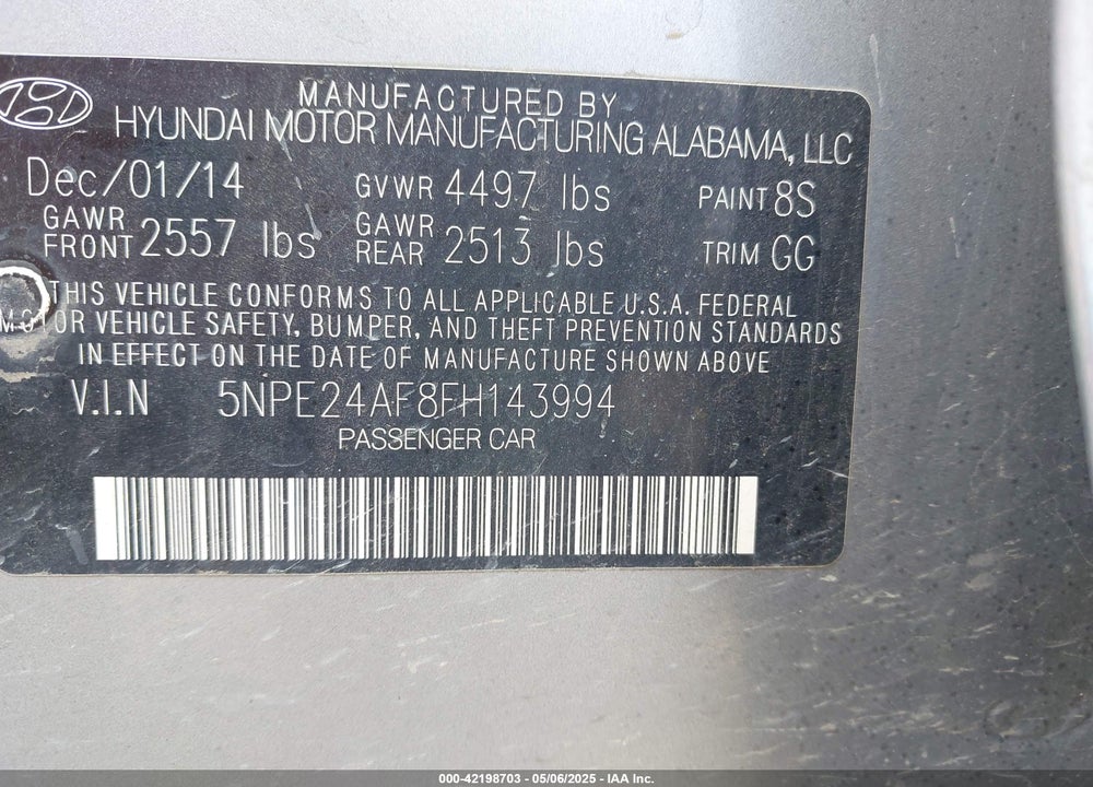 2015 HYUNDAI SONATA SE VIN: 5NPE24AF8FH143994