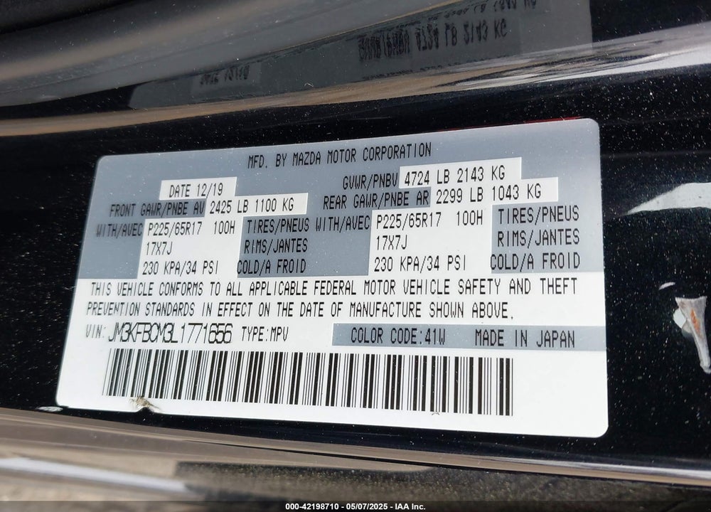 2020 MAZDA CX-5 VIN: JM3KFBCM3L1771656