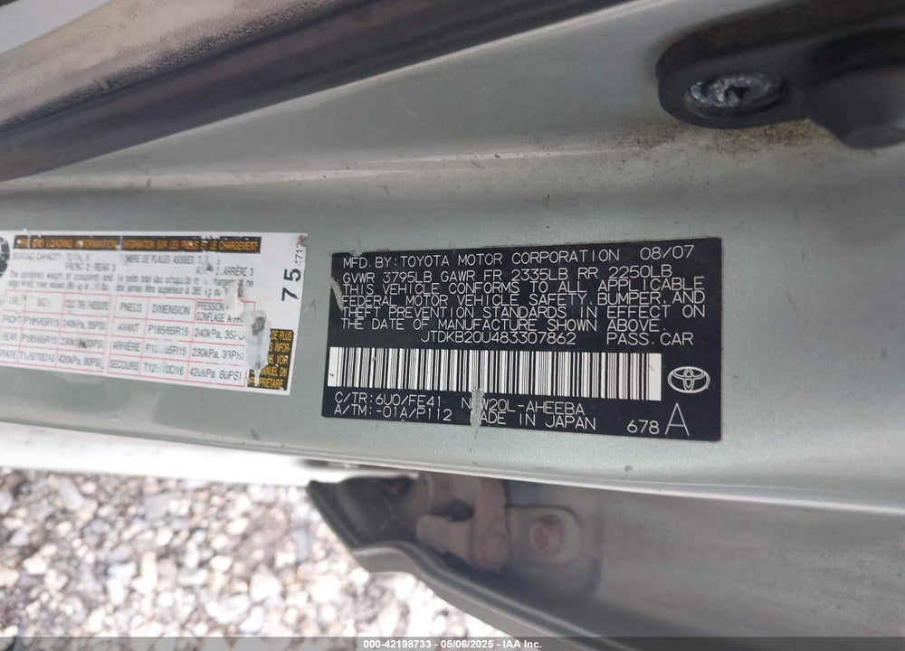 2008 TOYOTA PRIUS VIN: JTDKB20U483307862