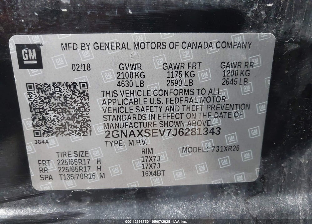 2018 CHEVROLET EQUINOX VIN: 2GNAXSEV7J6281343