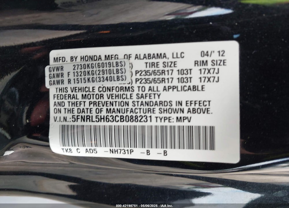 2012 HONDA ODYSSEY EX-L VIN: 5FNRL5H63CB088231
