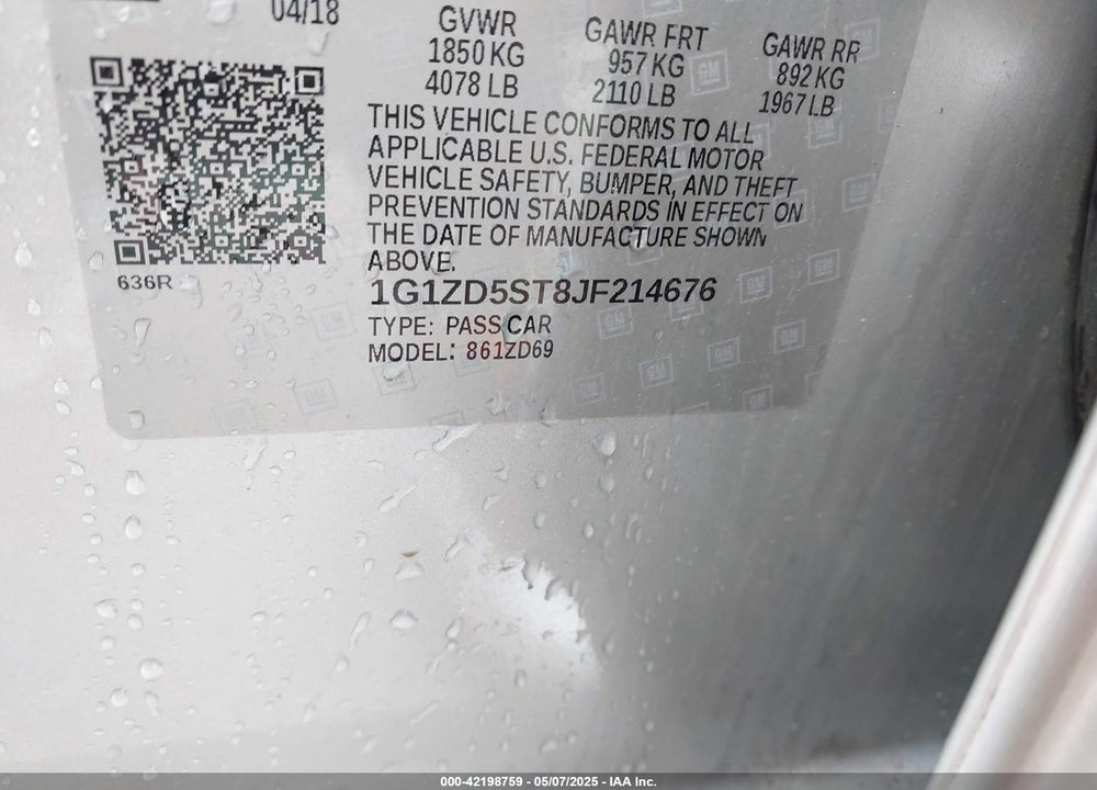 2018 CHEVROLET MALIBU VIN: 1G1ZD5ST8JF214676