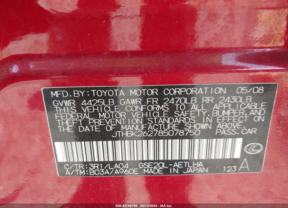 2008 LEXUS IS 250 VIN: JTHBK262785078750
