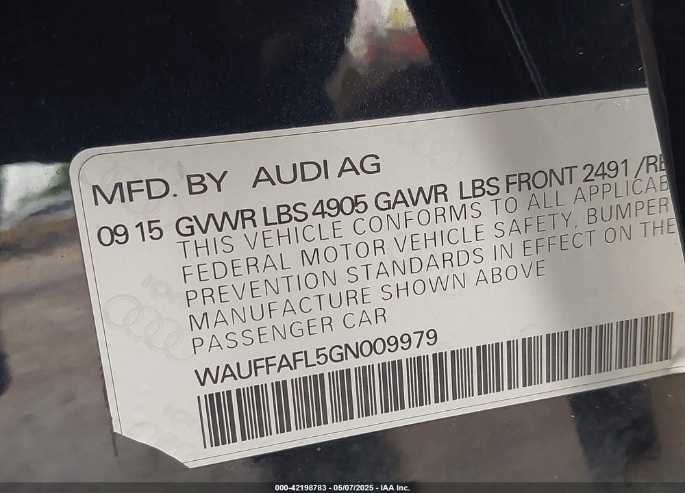 2016 AUDI A4 VIN: WAUFFAFL5GN009979
