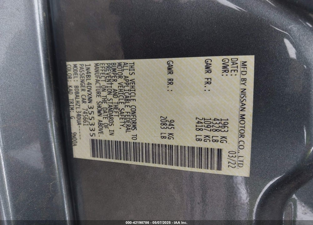 2022 NISSAN ALTIMA VIN: 1N4BL4DVXNN355335
