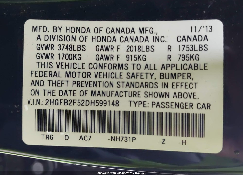 2013 HONDA CIVIC LX VIN: 2HGFB2F52DH599148
