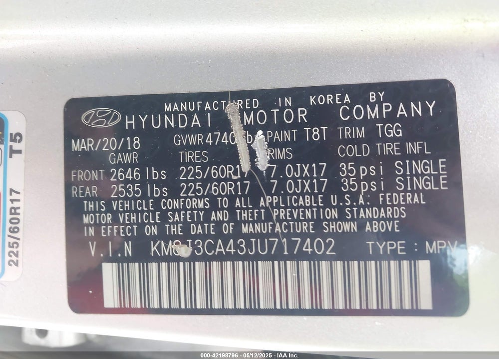 2018 HYUNDAI TUCSON VIN: KM8J3CA43JU717402